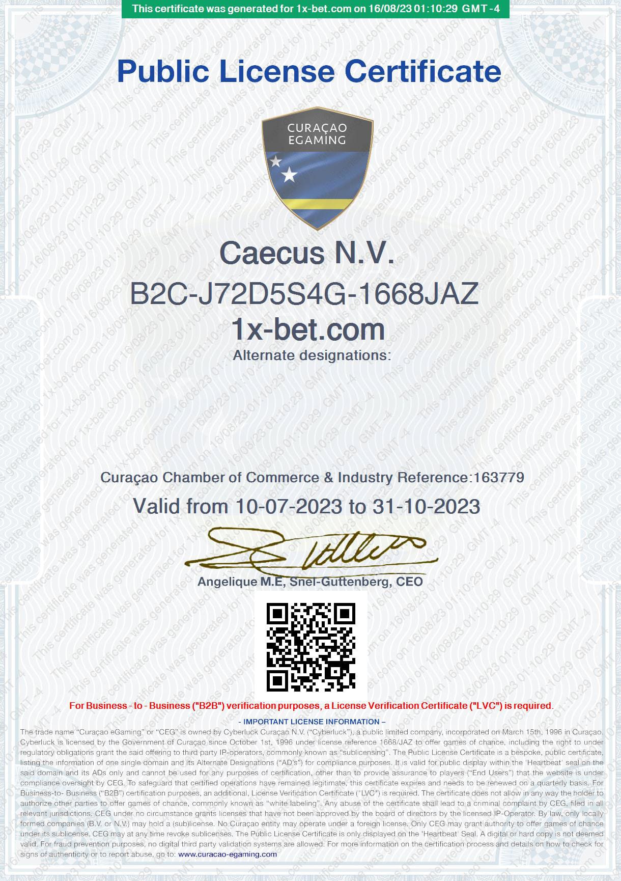 Licença do Online Casino 1 x bet Certificado de Licença de eGaming de Curaçao do 1xbet Casino Online