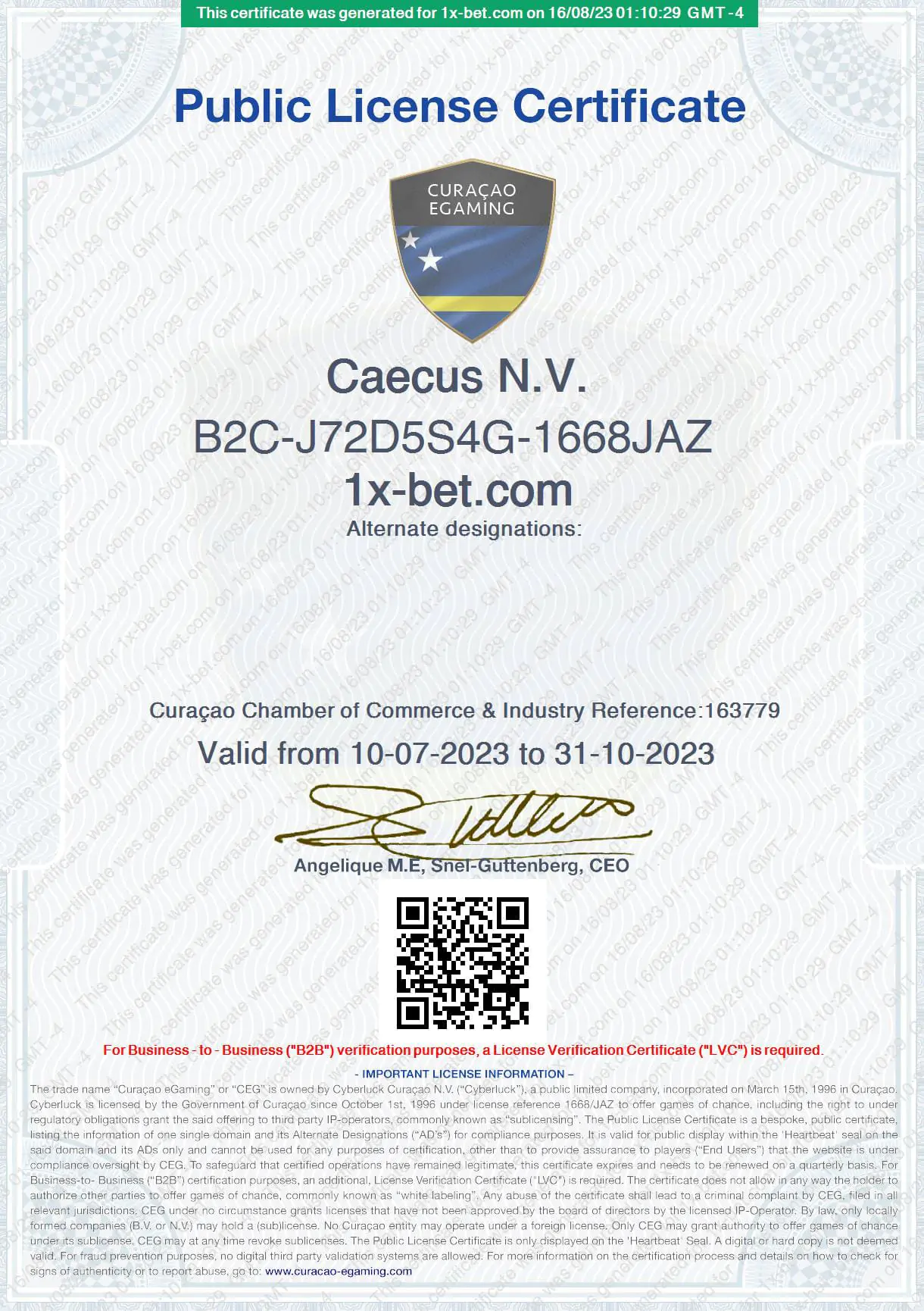 Certificado de Licença de eGaming de Curaçao do 1xbet Casino Online