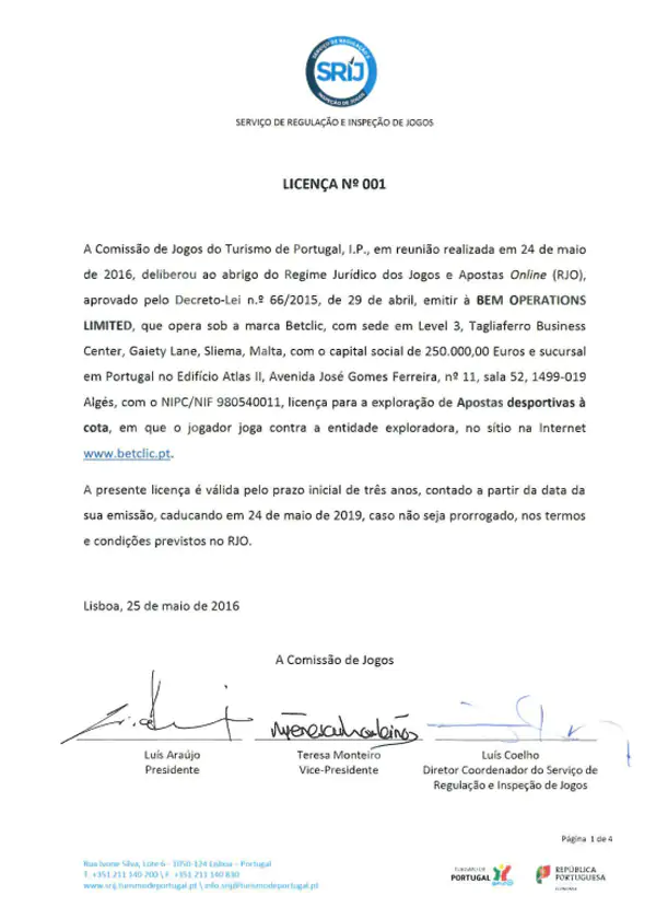 Licença do Online Casino Betclic Certificado de Licença SRIJ do Betclic Casino Online