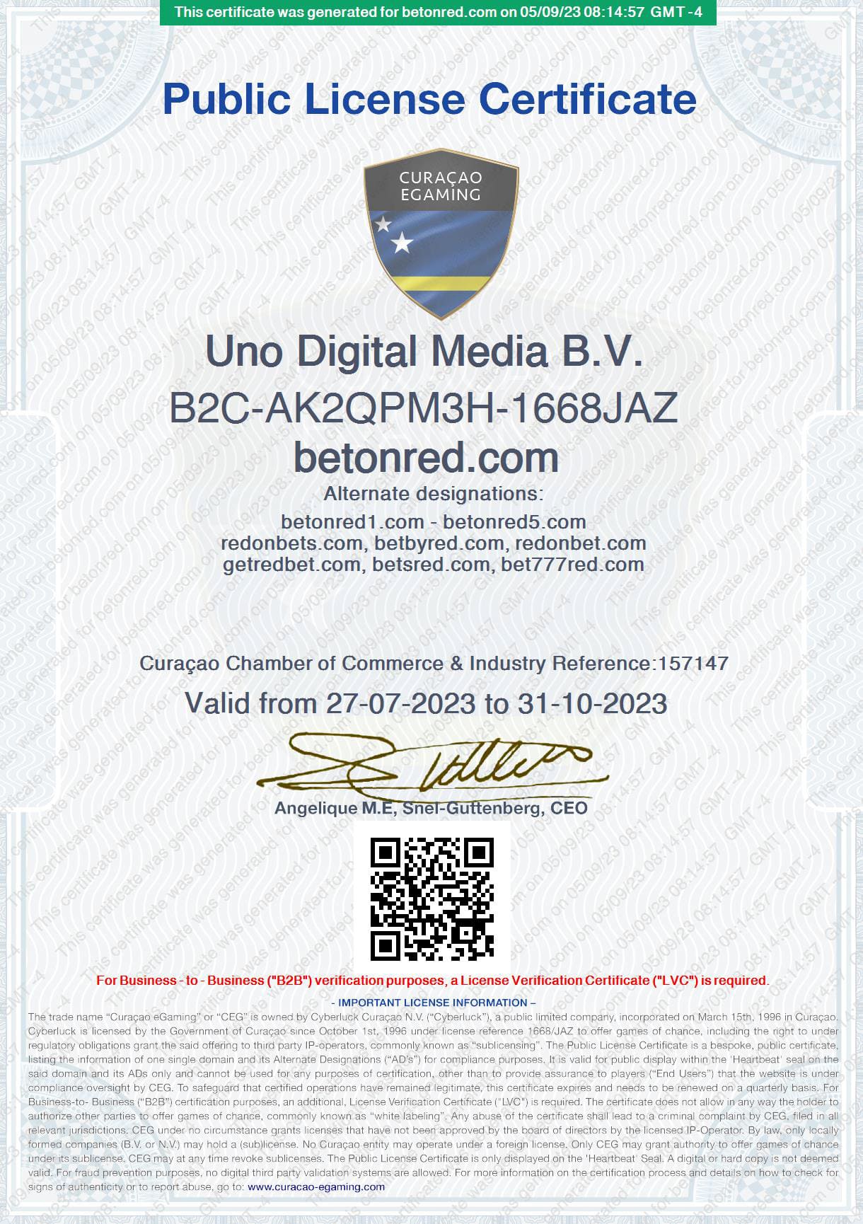 Licença do Online Casino Betonred PT Certificado de Licença de Curaçao do Bet On Red Casino Online