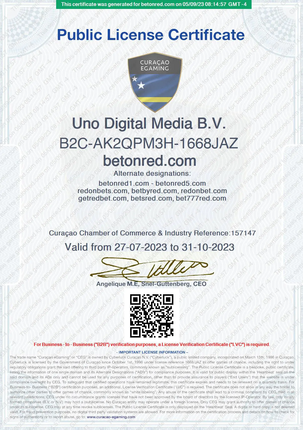 Certificado de Licença de Curaçao do Bet On Red Casino Online