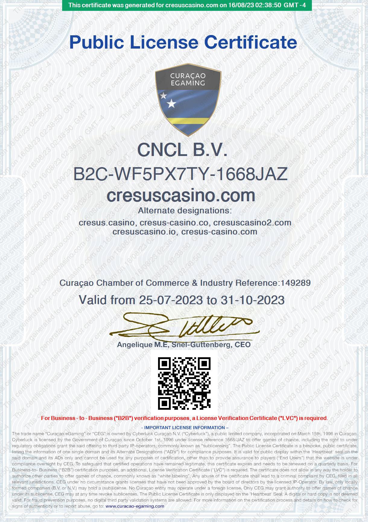 Licença do Online Casino Cresus Certificado de Licença de eGaming de Curaçao do Cresus Casino Online