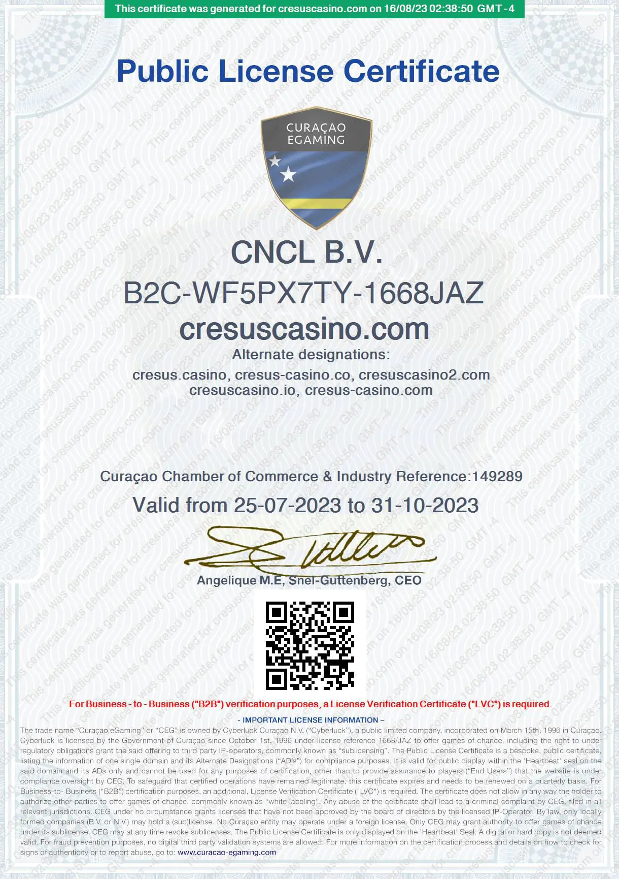 Certificado de Licença de eGaming de Curaçao do Cresus Casino Online
