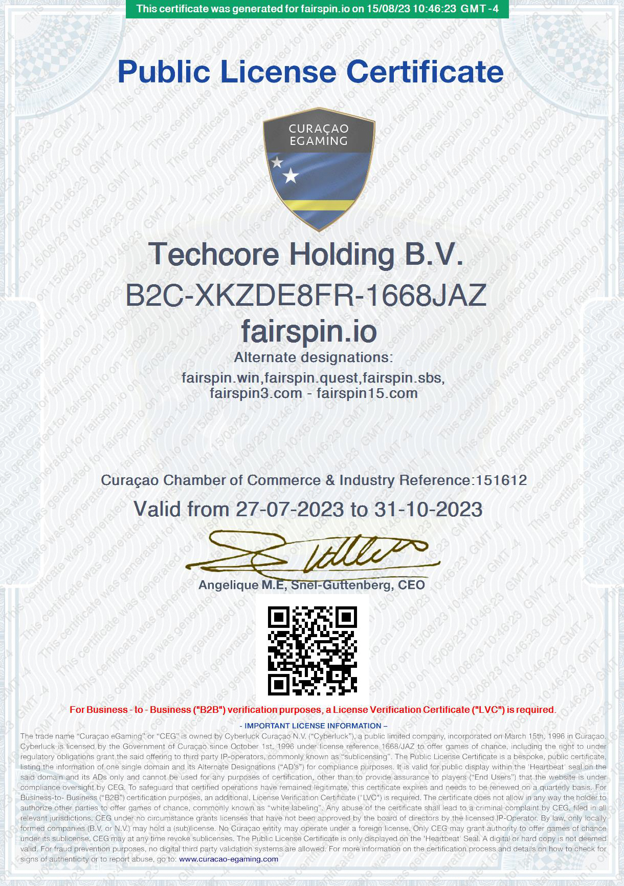 Licença do Online Casino Fairspin.io Certificado de Licença de eGaming de Curaçao do Fairspin Casino Online