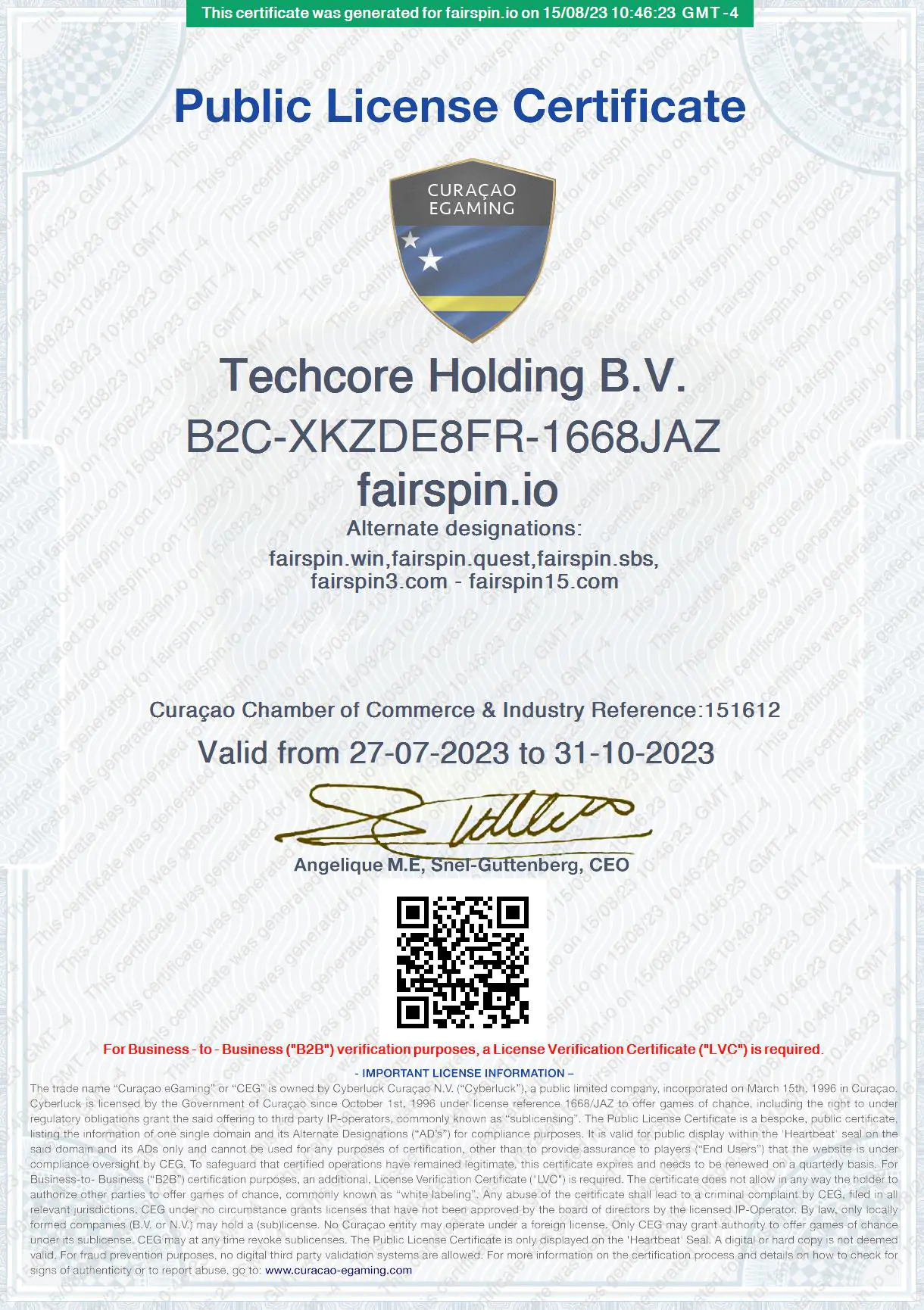 Certificado de Licença de eGaming de Curaçao do Fairspin Casino Online