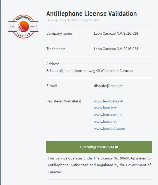 Certificado de Licença de Curaçao do Leon Casino Online