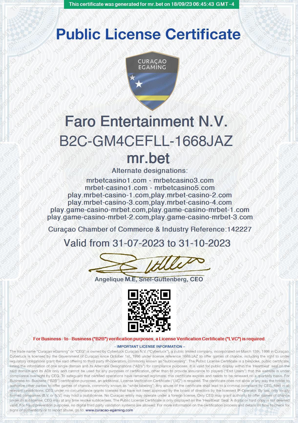 Licença do Online Casino MrBet PT Certificado de Licença de eGaming de Curaçao do Mr Bet Casino Online