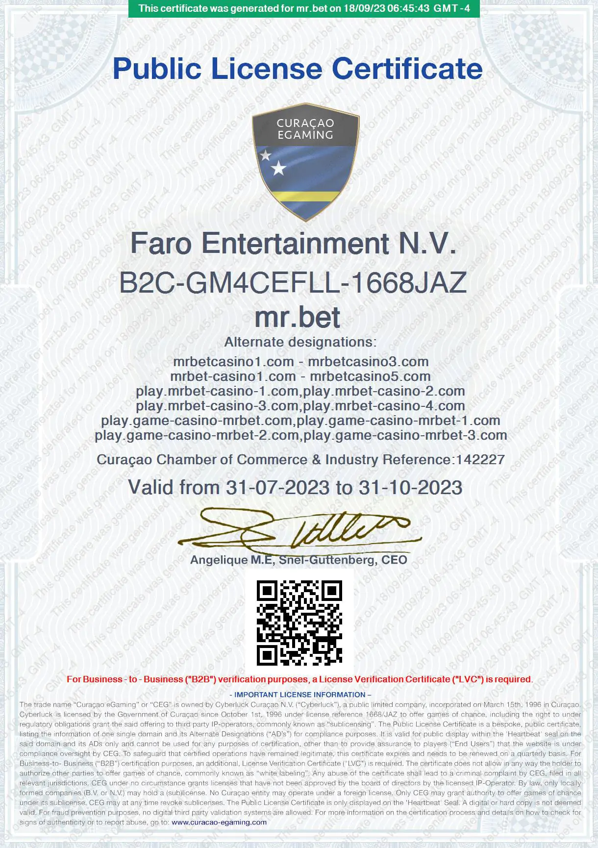 Certificado de Licença de eGaming de Curaçao do Mr Bet Casino Online