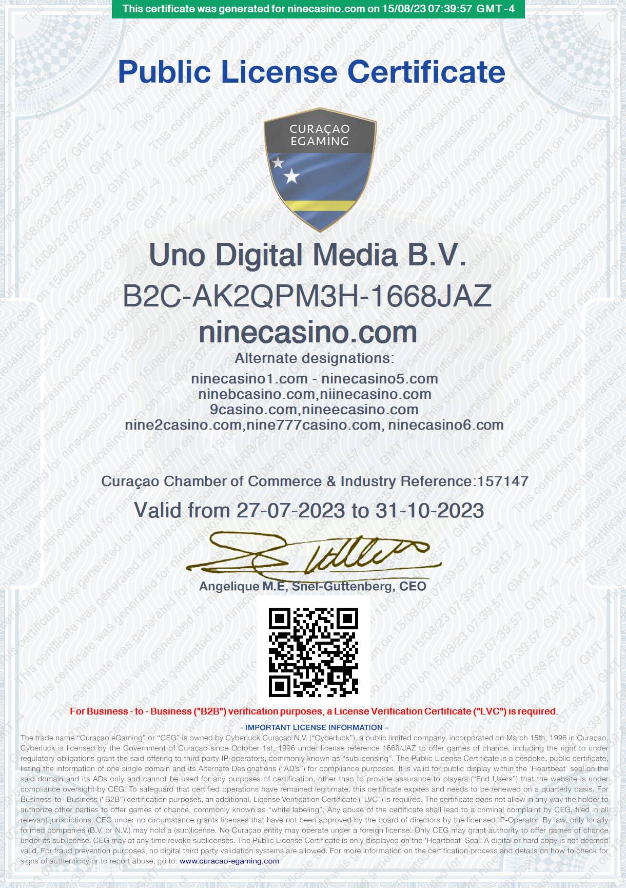 Licença do Online Casino Nine Certificado de Licença de eGaming de Curaçao do Nine Casino Online