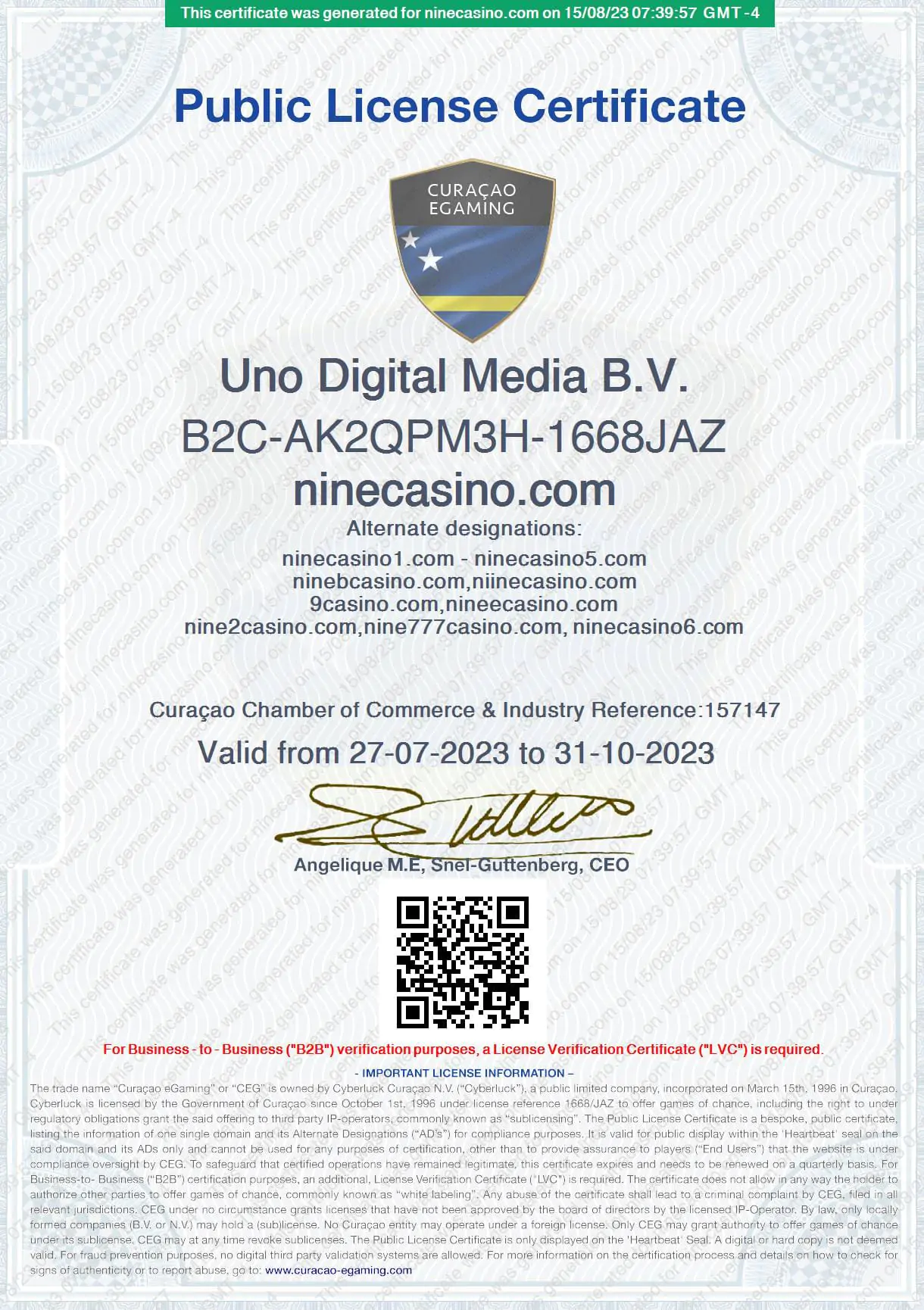 Certificado de Licença de eGaming de Curaçao do Nine Casino Online