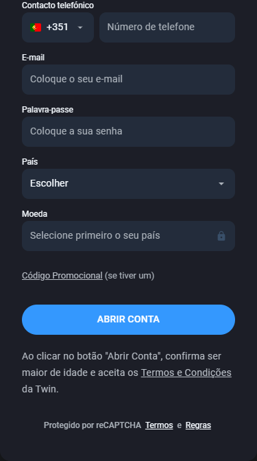 Registo e login para jogadores portugueses no casino Twin Online Formulário de registo do Twin Casa de Apostas