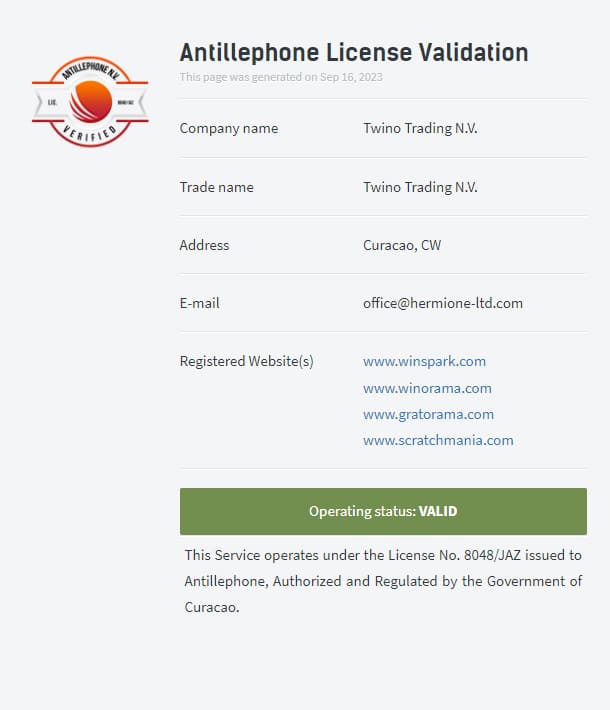 Licença do Online Casino WinsPark Certificado de Licença de Curaçao do Winspark Casino Online